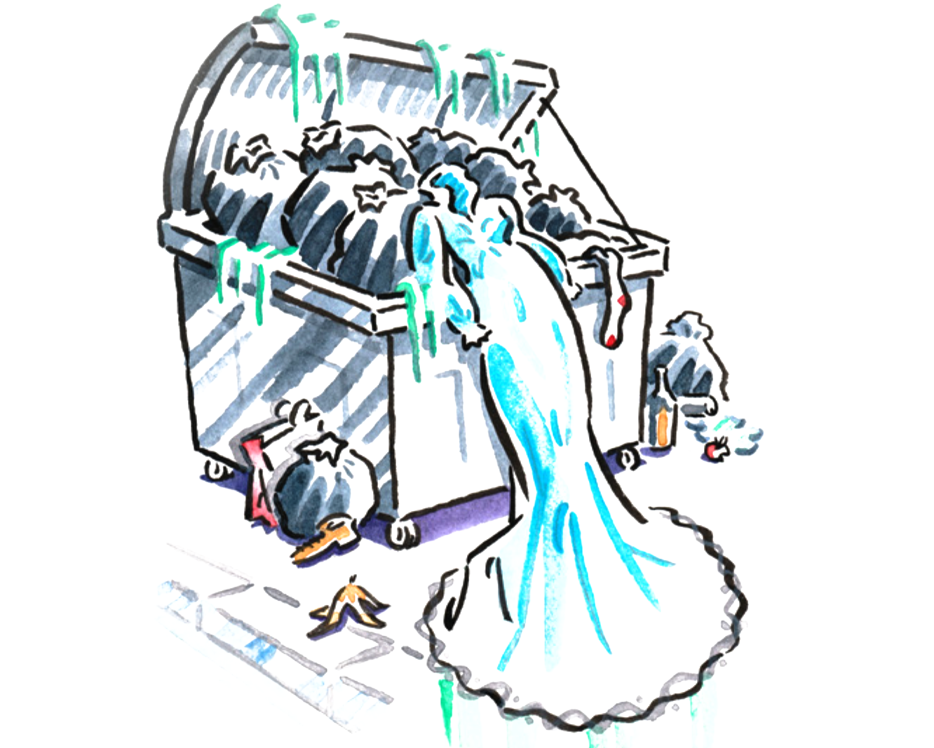 Love Rehab cover illustration — a bride climbing out of a dumpster in her wedding dress