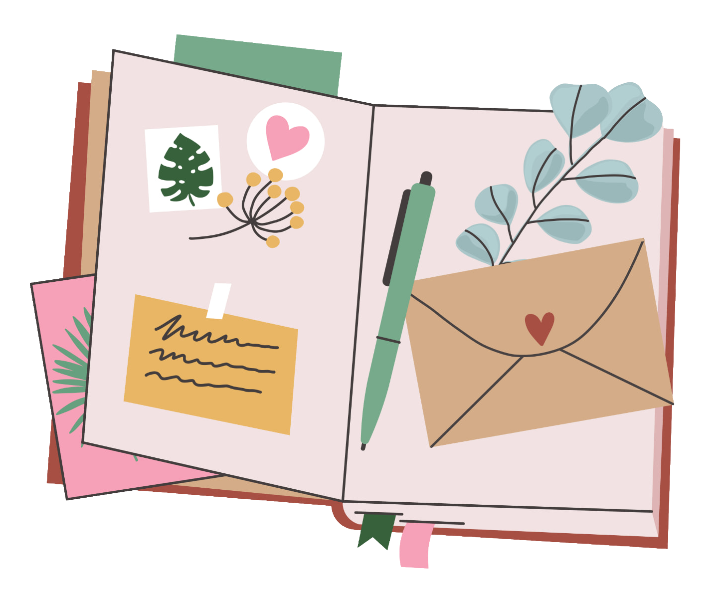 Flat illustration of an open journal with stickers, envelopes, a pen, and eucalyptus, no people